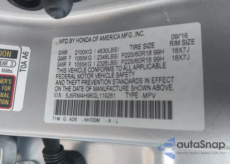 2016 Honda Cr-V Touring z USA, uszkodzony, nr VIN 5J6RM4H96GL119261